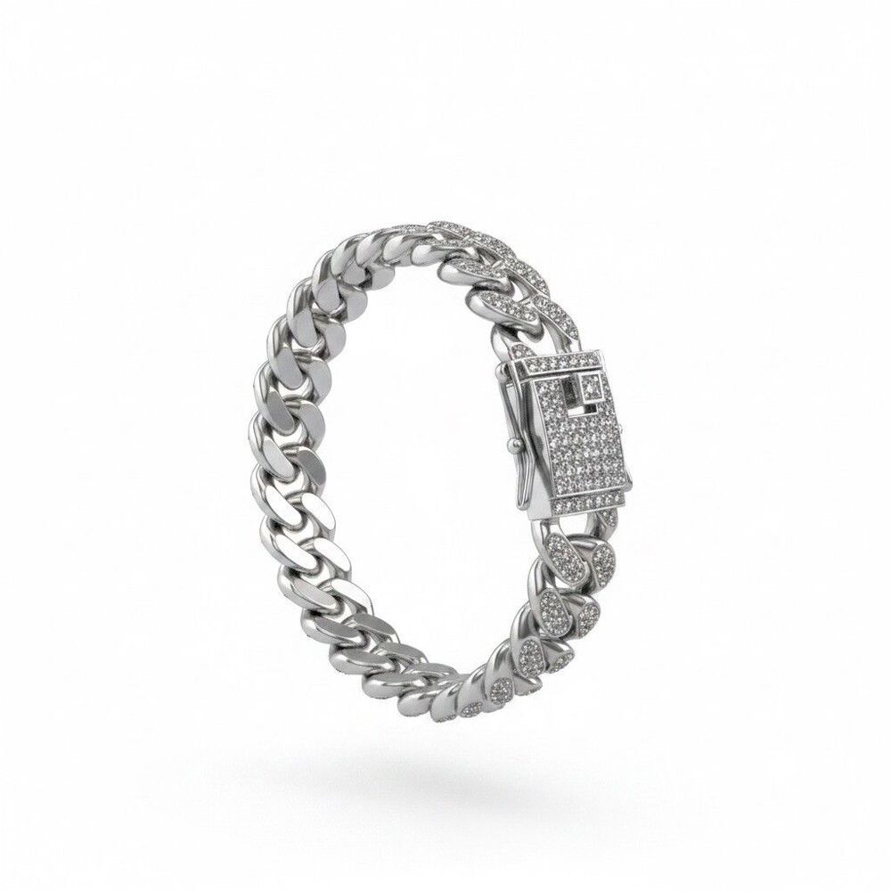 Silver Cuban Link Crystal Bracelet Hip Hop Iced Out 7.5”x 1/2"